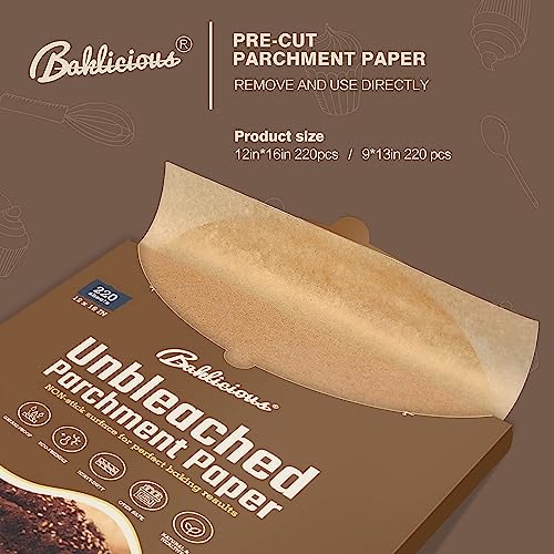 BAKLICIOUS 470 Pcs Unbleached Parchment Paper Baking Sheets & Rounds Bundle - 220 Sheets + 250 8x8 Inch Rounds - Non-Stick, Heat Resistant, Waterproof, Food Grade