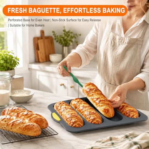 2 Pack Food Grade Silicone Baguette Bread Pan, 4‑Cavity Non‑Stick Easy Release French Bread Mold for Homemade Baguettes, Sourdough, Hoagie, Hot Dog Buns, Sandwich, Includes Bread Lame