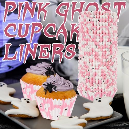 600 Pack Halloween Cupcake Liners Pink Ghost Baking Cups Standard Size Muffin Liners for Halloween Party Candy Cake Decorations Supplies - style: Pink Ghost