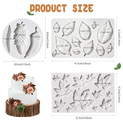 KALAIEN 3pcs Leaf Fondant Mold, Rose Maple Leaves 3D Leaf Silicone Mold - color: 3pcs Leaf Molds