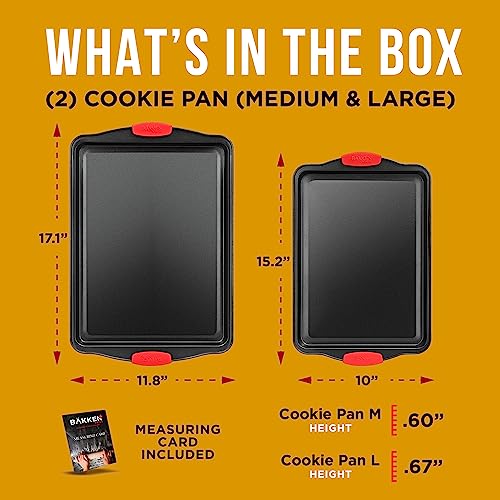 2 Piece Set Nonstick Carbon Steel Oven Bakeware -Professional Quality Kitchen Cooking Baking Trays -PFOA, PFOS, PTFE-Free Small & MediumBaking Sheet Pans with Red Silicone Handles - color: Black, size: Small & Medium