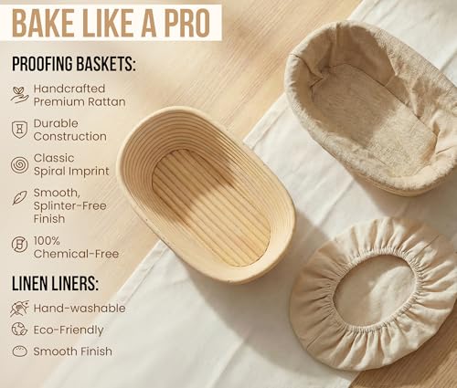 Kook Banneton Bread Proofing Baskets, Artisan Sourdough Bread Making Baskets, 9.8 Inch Handwoven Rattan Baskets and Cloth Liners, Set of 2, Oval - color: Oval Baskets