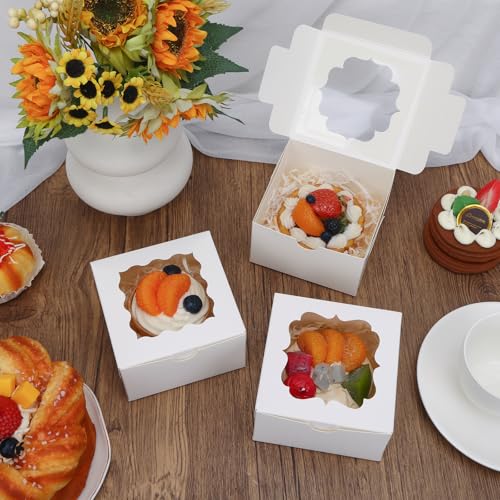 TOMNK 150pcs Small Cookie Boxes with Window, 4x4x2.5In Small Bakery Boxes - color: White
