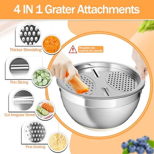 Nicdiet Mixing Bowls with Airtight Lids, Stainless Steel Mixing Bowl Set with 3 Metal Nesting Bowls, Colander & Grater, Non-Slip Bottoms, Size 1.5, 2.5, 5 QT, Great for Mixing & Serving, Khaki - color: Khaki