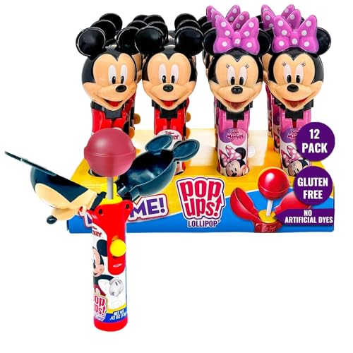 Pop Ups! Minnie & Mickey Mouse Lollipop Holder - 12 Lollipops with Cases - Individually Wrapped Candy Party Favors, Stocking Stuffers - Mickey Mouse Candy - Bulk Set of 12 - style: Minnie and Mickie