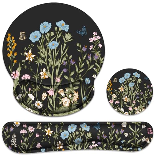 Ergonomic Mouse Pad with Wrist Rest and Keyboard Wrist Rest, Mousepad - color: Black Floral