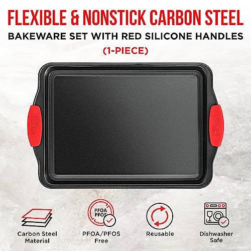 Nonstick Cookie Sheet Pan Carbon Steel Oven Tray Sheet Pan with Red Silicone Handles -Small Bakeware Pan Tray with Gray Coating Inside & Outside - color: Black, size: Small