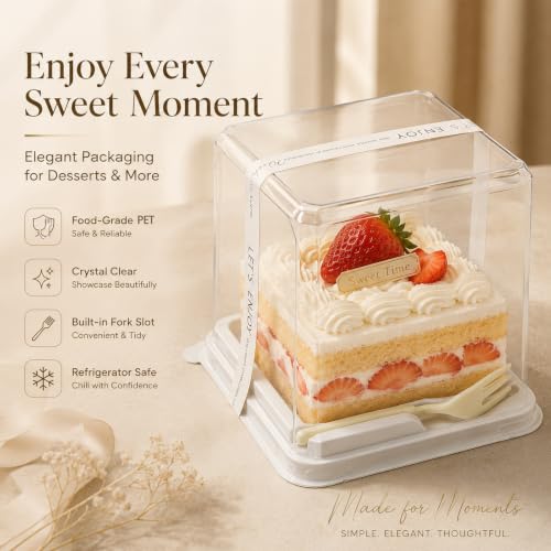 100 Pieces Cake Slice Plastic Containers with Disposable plastic fork and Stickers,4.3 Inches Hinged Lid Cheese cake Container,Cupcake containers,individual cupcake containers, Bakery and Cafe