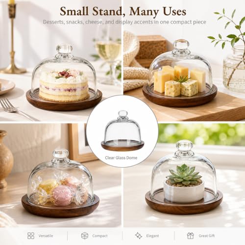 QWORK 6 Inch Small Cake Stand with Glass Dome, 6.1" Wood Serving Tray and Clear Cloche for Cupcakes, Dessert, Cheese, Pastry – Decorative Tabletop Display Plate