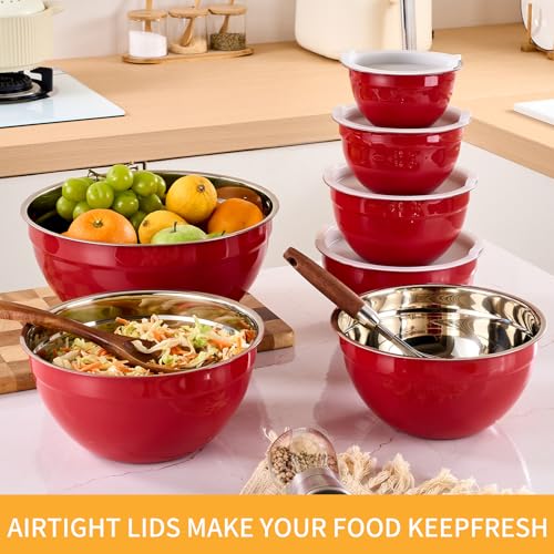Red Mixing Bowls with Airtight Lids, Stainless Steel Nesting Mixing Bowls Set of 7, Ideal for Baking, Prepping and Serving Food, Size 7, 3.6, 2.7, 2.1, 1.5, 1.1,0.8 QT, Stackable Design - color: Red, size: 7 Pieces