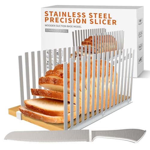 Adjustable Bread Slicer with Suction Cup Base – Perfect for Homemade Sourdough & Sandwich Bread | Portable Bamboo Design for Even Slices, Easy Storage, and Kitchen/Bakery Use