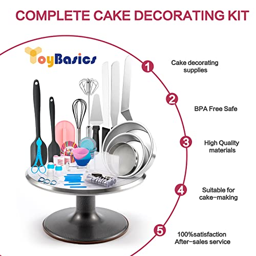 Aluminum Alloy Revolving Cake Stand & Carrier - 268PCS Kit with 54 Piping Tips, Acrylic Cake Discs, Various Spatulas