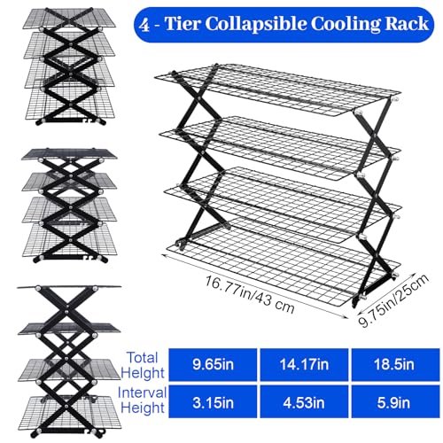 Sibba 4 Tier Collapsibl Cooling Rack, Adjustable 4 Setting Design Stainless Steel Baking Rack Stackable Roasting Cooking Drying Wire Cooling Racks for Cookies Baking Gifts for Women, Black