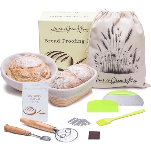 Laura's Green Kitchen Complete Sourdough Starter Kit – Sourdough Bread Baking Supplies with 2 Banneton Bread Proofing Basket, Linen Liners, Bread Lame, 5 Bread Blade for Scoring Dough, Scraper & More