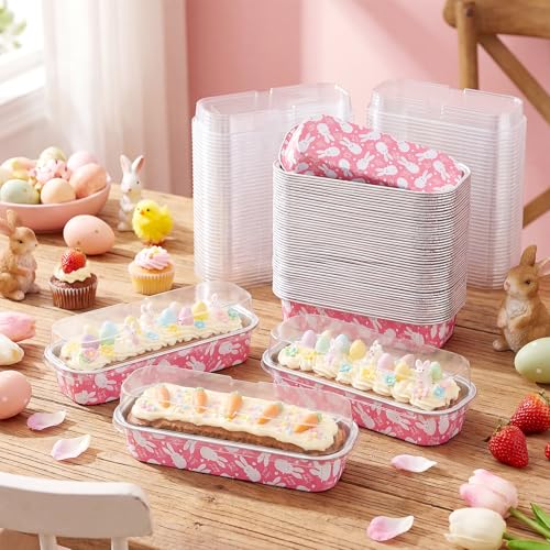 Tioncy 50 Set Easter Mini Pink Bunny Loaf Pans with Lids Spoons Stickers - style: Bunny