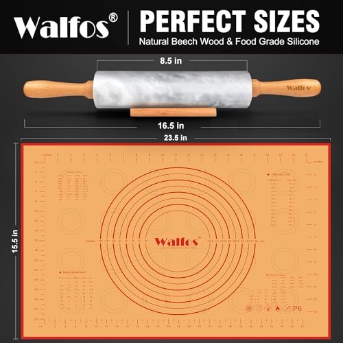 Walfos Marble Rolling Pin Set With Non Stick Silicone Pastry Mat, 16.5 Inch Dough Rolling Pins For Making Pizza, Tortillas And Cookies, Backing Rolling Pin For Pie Crust, Pizza, Pasta (Gray & White) - size: 16.5 in + pastry mat