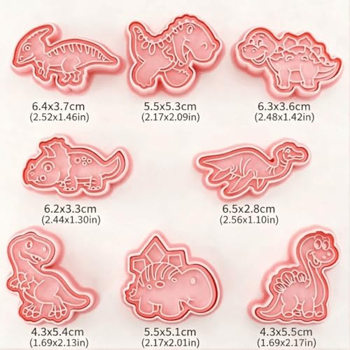 8 Piece Dinosaur Shape Cookie Cutter Set with Plunger Stamper,3D Embossed Pink Plastic Biscuits Cutters for Fondant and DIY Desserts Baking