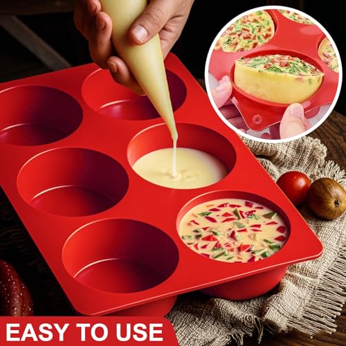 Silicone Egg Bite Molds, 3 Pack Deep 3 Inch Dash Egg Cups Sous Vide Mold Round Rolls Molds for Breakfast Sandwiches Omelets Dinner Rolls Baking - Red - color: Red, size: Round-3pcs