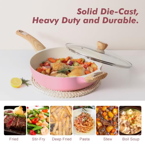 SENSARTE Ceramic Nonstick Frying Pan Skillet with Lid, 12 Inch Large Deep Frying Pan, 5 QT Saute Pan, Induction Pan, Healthy Non Toxic Cooking Pan with Helper Handle, PFOA PFAS PTFE Free - color: Pink, size: 5QT / 12IN