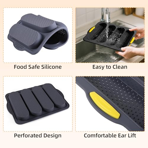 Hamburger Bun Pan and Baguette Pan With Spatula Brush, Silicone Hamburger Bun Pans for Baking, Nonstick French Bread Baking Pan for Baking Homemade Bread (Black)