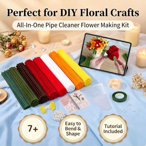 976Pcs Red Pipe Cleaners Flower Kit,7 Colors Soft Chenille Stems - color: Red and orange colour