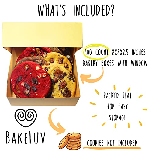 BAKELUV 100 Pack 8x8x2.5 Inch Brown Bakery Boxes with Window | Cookie Boxes, Pastry, Desserts, Treats, Food, Cardboard Takeaway/Takeout Containers | Kraft