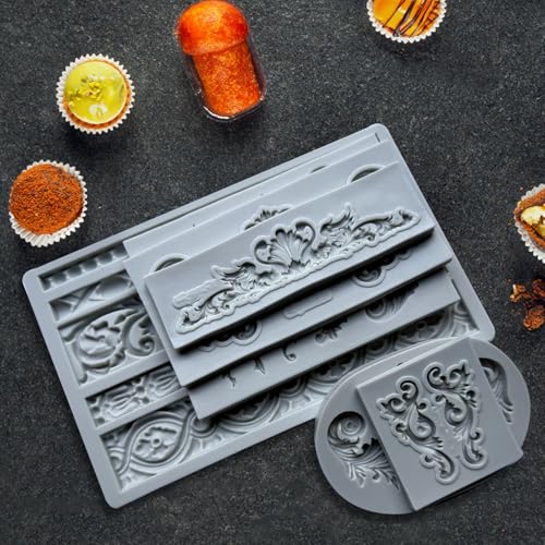 6PCS Baroque Silicone Molds,Baroque Fondant Border Mold(Gray)