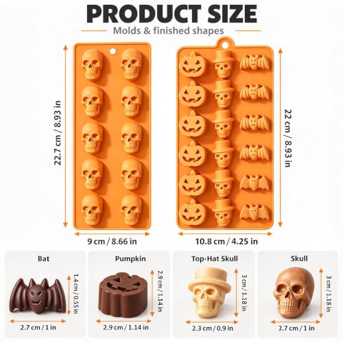 2 Pcs Halloween Silicone Molds, Halloween Pumpkin Bat Skull Shape Chocolate Molds for DIY Halloween Cupcake Candy Baking Molds - color: Halloween Molds