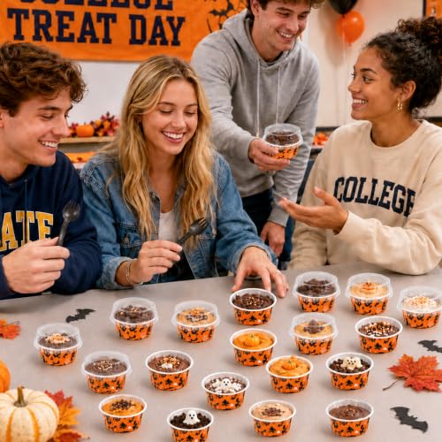 50 Pack Halloween Baking Supplies Mini Cake Pans with Lids and Spoons - color: Orange and Black