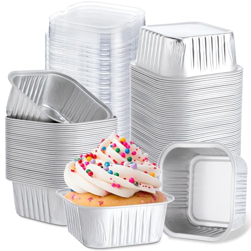 Skylety 100 Pcs 5oz Mini Square Cake Pans with Lids, Silver - color: Silver