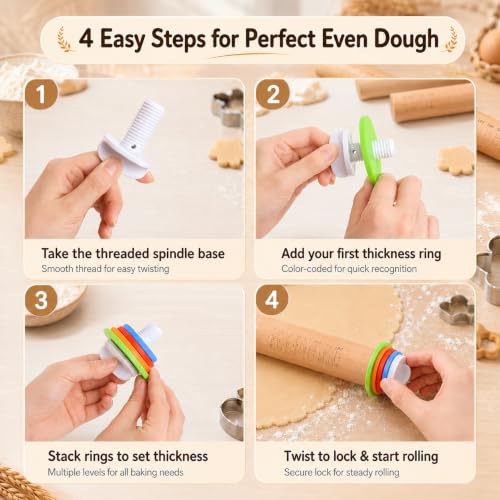 Wood Rolling Pin with Thickness Rings, 17"Adjustable Wooden Rolling Pins for Baking, Dough Roller Pins for Cookie Pastry Tools Cake Baker, Fondant Roller for Decorating Bakery Supplies Kitchen Gadgets - size: 17inch+Wood