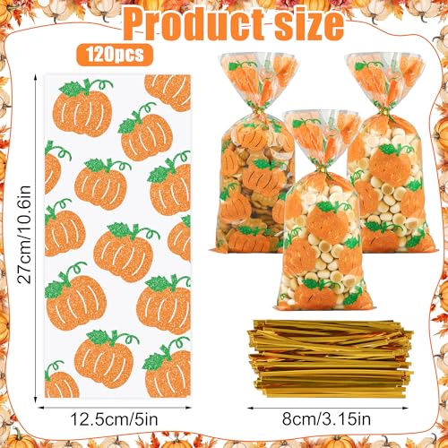 peony man 120 Pcs Fall Cellophane Treat Bags Fall Pumpkin Candy Bags Glitter Autumn Plastic Goodie Treat Bag Clear Thanksgiving Gift Bag with Twist Ties for Autumn Harvest Thanksgiving Party Supplies