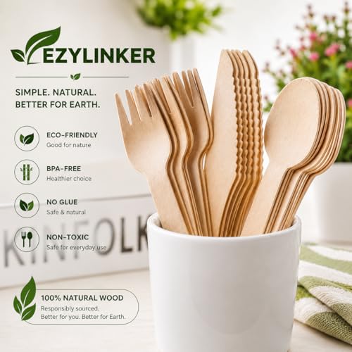 500 Wooden Utensil Set Disposable, 100% Compostable Cutlery Set [200 Forks, 200 Spoons, 100 Knives] – Alternative to Plastic & Bamboo Cutlery - Eco Friendly Utensils Set for Lounge Party Wedding BBQ - size: Wooden Cutlery(500-Mixed-Set)