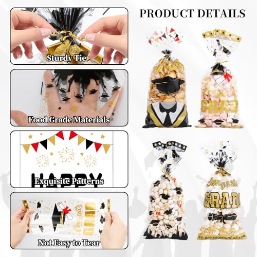 100Pcs Graduation Treat Bags Congrats Graduates Treat Bags Black Gold Cellophane Bags with Twist Ties Plastic Grad Goodie Bags 4 Styles Gift Bags Candy Bags for Graduation Party Favors Decorations - color: Graduation