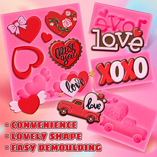 Whaline 4Pcs Valentine's Day Fondant Molds Heart Rose Truck Pattern 3D Silicone Mould Love XOXO Resin Mold Cupcake Cookie Baking Decorating Mould for Wedding Anniversary Mother's Day DIY Candy - style: Valentine's Day