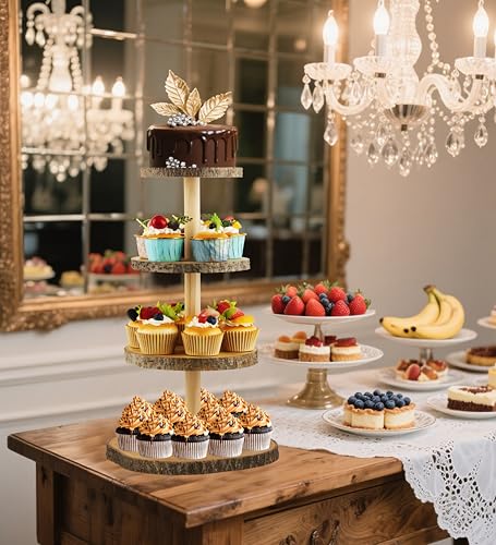 Wooden 4-Tier Rustic Cupcake Stand for Wedding Cakes, Tiered Dessert Tower Display Centerpiece for Parties, Events & Celebrations