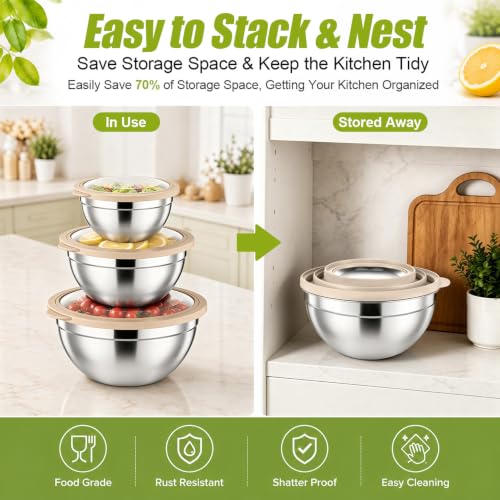 P&P CHEF Stainless Steel Mixing Bowls with Visible Airtight Lids, Khaki - color: Khaki, style: Visible Airtight Lids