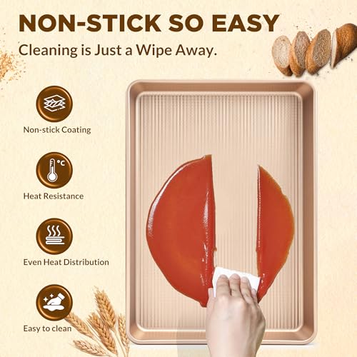 3-Piece Heavy Duty Carbon Steel Baking Sheets Set,Non-Stick Cookie - color: Champagne Gold