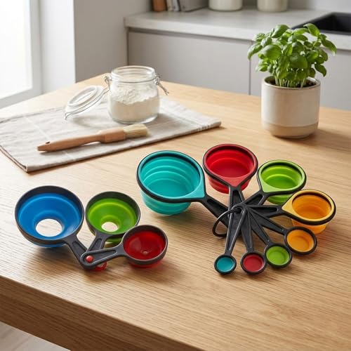 8pc Collapsible Measuring Cups and Spoons Set with 3pc Silicone Funnels for Kitchen Use Filling Bottles, Bottle Brush & Adjustable Tools for Camping
