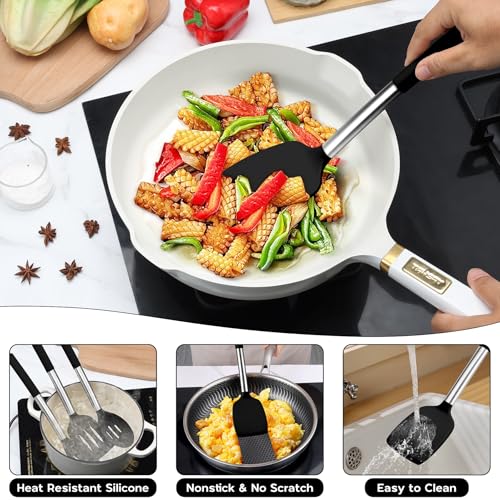 Onader Silicone Kitchen Utensils Set of 10, Cooking Utensils with Holder and Heat Resistant Stainless Steel Handle for Nonstick Cookware - Black - color: Black