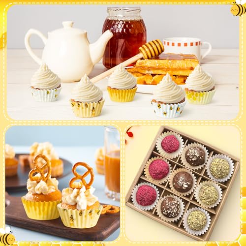 COcnny Bee Mini Cupcake Liners - 600pcs Summer Baking Cups Muffin Paper Cupcakes Wrappers for Birthday Party, Yellow Honey Candy Cake Chocolate Wrap Making Supplies for Baby Shower Wedding (10 Styles) - style: Mini Bee