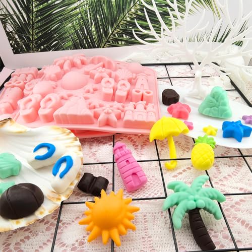 2Pcs Summer Beach Theme Silicone Molds for Chocolate, Coconut Tree Starfish Shells Beacon Pineapple Shape Candy Chocolate Mold for Tropical Summer Party Marine Jello Cookie Ice Cube Baking Mould - color: B