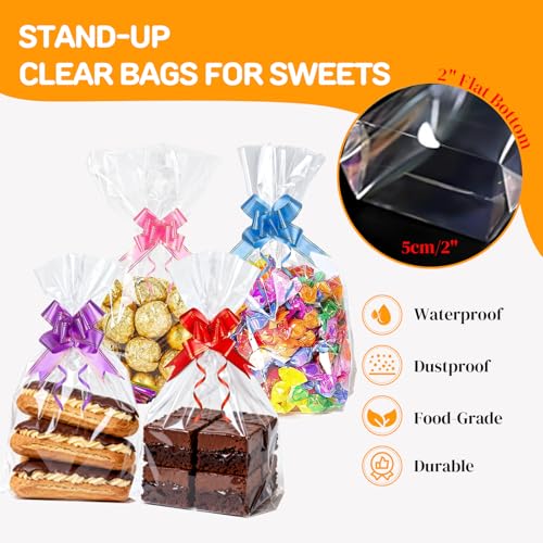 AGOBUHE Cellophane Treat Bags 6x10 Inch 50 Pack Clear Goodie Bags with Bottom Gusset & Pull Bows for Cookies Candy Party Favors - color: 6"x10" (50pcs)