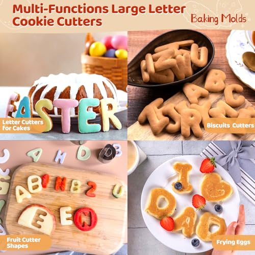 ofone Large Alphabet Cookie Cutters(A - Z), 3 Inch Stainless Steel Fondant Letter Cutters Shapes, 26 Pcs Abc Biscuit Cutter Set for Baking Dough Cakes Pastry Fruits - color: Silver
