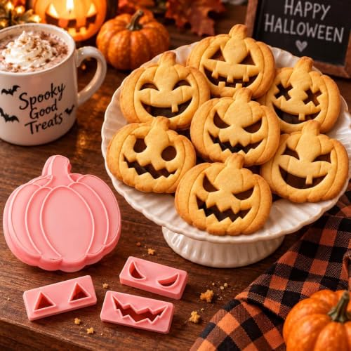 Pumpkin Face Cookie Stamps Set, 10 Pieces 3D Pressable Cookie Cutters - color: Pumpkin