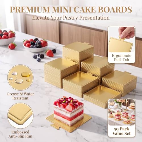 100 Pcs Mini Cake Boards for Cake Pastry (Gold) - color: 50 Square and 50 Round（gold）