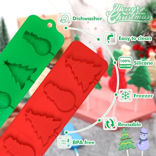 Webake Christmas Lollipop Molds with Tree and Snowman Shapes, Silicone Chocolate Candy Sucker Mold with Sticks, Pack of 2