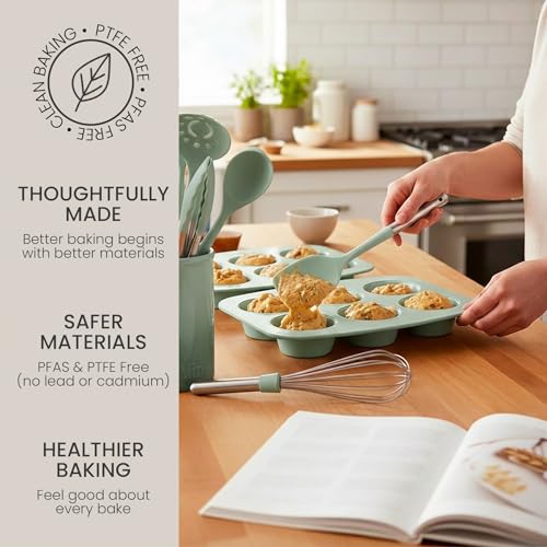 Larder & Vine 8-Piece Stackable Bakeware Set, Ceramic-Coated Nonstick Baking Pan Set, Non-Toxic, with Baking Sheets, Muffin Pan, Loaf Pan & Cake Pans, Sage - color: Sage