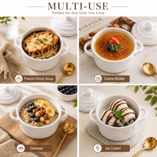 Mini Dutch Oven Set of 4, 14 oz Ceramic Mini Dutch Ovens with Lids and Handles, Ramekins with Lids for French Onion Soup, Pot Pies, Soufflés and Baked Desserts, Oven Microwave Dishwasher Safe, Mini Cocotte, White - color: White