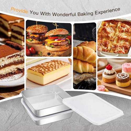 8x8 Inch Baking Pan with lid,18/0 Stainless Steel Square Cake Pan,Set of 2 - color: Flat lid
